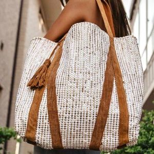 White & Brown Leather Straps Oversized Tote Bag
